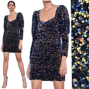 Zara Multicolour Sequin Velvet Party Festival Disco Mini Long Puff Sleeve Dress